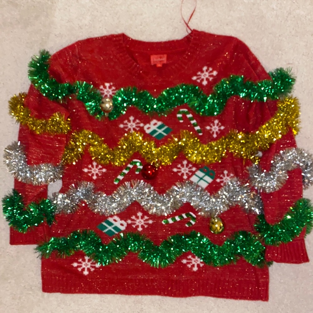 Tinsel Christmas sweater with ornaments
